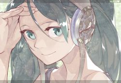 Rule 34 | 1girl, bad id, bad pixiv id, blue eyes, blue hair, border, character name, close-up, eyelashes, fingernails, gradient background, grey background, grey border, hair between eyes, hand on own face, happy, hatsune miku, headphones, heart, letterboxed, long hair, looking at viewer, nao (syn eaa), simple background, smile, solo, upper body, vocaloid, white background