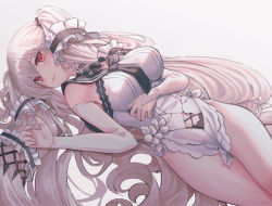 Rule 34 | 1girl, absurdly long hair, absurdres, azur lane, bad id, bad pixiv id, black choker, black neckwear, black sailor collar, bow, breasts, choker, clothing cutout, detached sleeves, domi (hongsung0819), dress, dress bow, feather dress, formidable (azur lane), formidable (timeless classics) (azur lane), hair ornament, highres, huge filesize, large breasts, light brown hair, long hair, looking at viewer, lying, navel cutout, official alternate costume, on back, red eyes, sailor collar, simple background, solo, strapless, strapless dress, twintails, two-tone ribbon, very long hair, white background, white dress