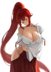 Rule 34 | 1girl, bare shoulders, breasts, cleavage, closed mouth, collarbone, commission, contrapposto, cowboy shot, green eyes, hakama, half-closed eyes, highres, hip vent, japanese clothes, large breasts, long hair, long sleeves, looking down, miko, no panties, off shoulder, original, ponytail, red hair, red hakama, red ribbon, ribbon, ribbon-trimmed sleeves, ribbon trim, shizuko hideyoshi, sidelocks, signature, simple background, solo, very long hair, white background, wide sleeves