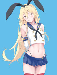 Rule 34 | 1girl, arms behind back, bare shoulders, black hairband, black panties, blonde hair, blue background, blush, breasts, buttons, commentary request, crop top, elbow gloves, gloves, grey eyes, hairband, highleg, highleg panties, highres, kantai collection, long hair, looking at viewer, microskirt, midriff, miniskirt, narrow waist, navel, panties, sailor collar, school uniform, serafuku, shimakaze (kancolle), shingyou (alexander-13), simple background, skindentation, skirt, small breasts, solo, standing, striped clothes, striped thighhighs, thighhighs, thighs, underwear, very long hair, white gloves