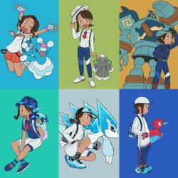 Rule 34 | 1girl, :d, ;d, alcremie, alolan form, alolan sandslash, blue pants, blue shirt, braid, brionne, brown hair, collared shirt, commentary request, creatures (company), elizabeth (tomas21), fingerless gloves, game freak, gen 2 pokemon, gen 5 pokemon, gen 7 pokemon, gen 8 pokemon, gloves, golurk, great ball, green eyes, hand up, hat, highres, holding, holding clothes, holding hat, juliana (pokemon), multiple views, necktie, nintendo, one eye closed, open mouth, orange necktie, orange shorts, pants, poke ball, pokemon, pokemon (creature), pokemon sv, porygon2, quick ball, shirt, shoes, short sleeves, shorts, smile, socks, standing, terapagos, white footwear, white headwear, white shirt, white shorts