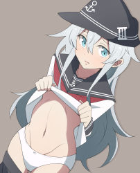 Rule 34 | 1girl, anchor symbol, black hat, blue eyes, blush, clothes lift, clothes pull, dutch angle, embarrassed, gluteal fold, hair between eyes, hat, hibiki (kancolle), highres, kantai collection, lifted by self, long hair, long sleeves, looking at viewer, navel, neckerchief, nel-c, panties, parted lips, red neckerchief, school uniform, serafuku, shirt, shirt lift, sidelocks, skirt, skirt pull, solo, underwear, very long hair, white hair, white panties, white shirt