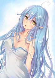 Rule 34 | 1girl, arms behind back, bare shoulders, blue hair, breasts, chibimame, cleavage, collarbone, commentary request, dress, elf, hair between eyes, hair down, highres, hololive, large breasts, long hair, looking at viewer, messy hair, multicolored hair, nightgown, parted lips, pointy ears, solo, spaghetti strap, strap slip, streaked hair, very long hair, virtual youtuber, waking up, white dress, yellow eyes, yukihana lamy
