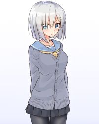 Rule 34 | 10s, 1girl, arms behind back, black pantyhose, blue eyes, blush, breasts, cardigan, hair ornament, hair over one eye, hairclip, hamakaze (kancolle), highres, kantai collection, large breasts, looking at viewer, neckerchief, pantyhose, pleated skirt, school uniform, serafuku, short hair, shunichi, silver hair, simple background, skirt, solo, yellow neckerchief