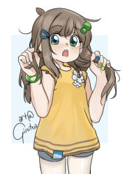 Rule 34 | 1girl, ahoge, alternate costume, alternate hair length, alternate hairstyle, arms up, blue background, blue eyes, blue shorts, blush, brown hair, child, denim, denim shorts, ears, eyebrows, fingernails, freckles, girutea, green eyes, green hair ornament, green wristband, hair ornament, hairclip, hands up, highres, indie virtual youtuber, legs, lily hopkins, long hair, looking at viewer, messy hair, nose, open mouth, orange shirt, palms, shiny skin, shirt, shorts, signature, simple background, standing, striped clothes, striped shirt, teeth, thighs, upper teeth only, white background, wristband