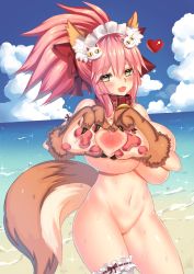 Rule 34 | 1girl, :d, animal ears, animal hands, beach, bell, blush, bow, breast press, breasts, bridal garter, cat hair ornament, claws, cloud, cloudy sky, collar, commentary request, cowboy shot, day, fang, fate/grand order, fate (series), fox ears, fox tail, groin, hair between eyes, hair bow, hair ornament, hair ribbon, half-closed eyes, hands up, heart, heart-shaped boob challenge, heart hands, huatu jiang, huge breasts, jingle bell, large breasts, legs apart, long hair, looking at viewer, maid headdress, navel, neck bell, nipples, nude, ocean, open mouth, outdoors, pink hair, puffy nipples, pussy, red bow, red collar, red ribbon, ribbon, simple background, skindentation, sky, smile, solo, sparkle, standing, stomach, sweat, tail, tamamo (fate), tamamo cat (fate), tamamo no mae (fate/extra), uncensored, water, water drop, yellow eyes
