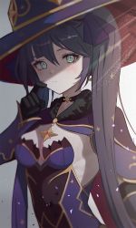 Rule 34 | 1girl, black hair, blue eyes, blush, breasts, cloak, commentary, english commentary, genshin impact, green eyes, hat, jewelry, korean commentary, looking to the side, mixed-language commentary, mona (genshin impact), moth1, necklace, pale skin, solo focus, star (symbol), twintails, witch hat