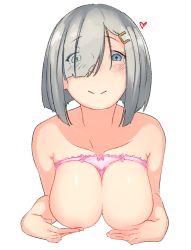 Rule 34 | 10s, 1girl, bare shoulders, blue eyes, blush, bow, bow panties, breasts, cleavage, closed mouth, collarbone, covering privates, covering breasts, eyes visible through hair, hair ornament, hair over one eye, hairclip, hamakaze (kancolle), hands on breasts, hands on own chest, heart, kantai collection, kei (soundcross), lace, lace-trimmed panties, lace trim, large breasts, looking at viewer, panties, panties on breasts, pink panties, short hair, silver hair, simple background, smile, solo, underwear, upper body, white background