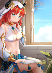Rule 34 | 1girl, absurdres, bare shoulders, blue eyes, blue skirt, blue sky, blush, breasts, brooch, commentary request, day, detached sleeves, feet out of frame, finger to mouth, genshin impact, hand up, highres, horns, indoors, jewelry, large breasts, long hair, long sleeves, looking at viewer, luoloo, midriff, navel, nilou (genshin impact), parted lips, partial commentary, red hair, sitting, skirt, sky, solo, stomach, thighs, veil, window