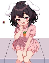 Rule 34 | 1girl, 999 (hansode), animal ears, black hair, blush, carrot necklace, color guide, dress, feet out of frame, hair between eyes, inaba tewi, jewelry, looking at viewer, necklace, open mouth, pink dress, pixel art, rabbit ears, red eyes, short hair, short sleeves, sitting, smile, smug, solo, touhou