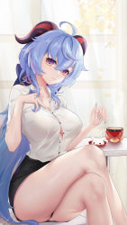 Rule 34 | 1girl, ahoge, alternate costume, bare legs, black panties, blue hair, blue nails, breasts, button gap, chair, cleavage, closed mouth, collared shirt, colored eyelashes, crossed legs, cup, dress shirt, feet out of frame, ganyu (genshin impact), genshin impact, hand on own chest, head tilt, heart, highres, horns, indoors, large breasts, liu liaoliao, long hair, looking at viewer, low ponytail, miniskirt, nail polish, no bra, on chair, panties, pencil skirt, purple eyes, shirt, sitting, skirt, sleeveless, smile, solo, table, teacup, thighs, underwear, upskirt, very long hair, white shirt, window