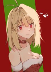 Rule 34 | 1girl, alternate costume, antenna hair, arcueid brunestud, ayaka (disagree), bare shoulders, blonde hair, breasts, choker, christmas, cleavage, closed mouth, collarbone, commentary request, detached sleeves, dress, fur-trimmed dress, fur-trimmed sleeves, fur trim, hair between eyes, hair intakes, highres, large breasts, looking at viewer, red choker, red dress, red eyes, short hair, smile, solo, strapless, strapless dress, tsukihime, tsukihime (remake), upper body