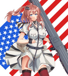 Rule 34 | 1girl, american flag, bad id, bad pixiv id, black neckerchief, breast pocket, brown hair, dress, flight deck, kantai collection, looking at viewer, machinery, neckerchief, pocket, ponytail, red thighhighs, saratoga (kancolle), saratoga mk ii (kancolle), side ponytail, sidelocks, smile, smokestack, solo, thighhighs, white dress, yamato (083)