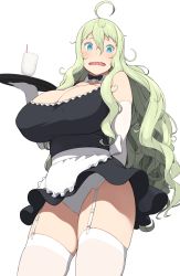 Rule 34 | 1girl, @ @, accio, ahoge, alternate costume, apron, arm behind back, bad id, bad pixiv id, blue eyes, blush, bow, bowtie, breasts, carrying, cleavage, cup, detached collar, drinking glass, drinking straw, elbow gloves, enmaided, frills, from below, garter straps, gloves, green hair, highres, huge breasts, long hair, looking down, maid, open mouth, original, panties, pantyshot, simple background, skindentation, solo, standing, sweatdrop, thighhighs, tray, underwear, uneri spirala, very long hair, waist apron, wavy hair, wavy mouth, white background, white gloves