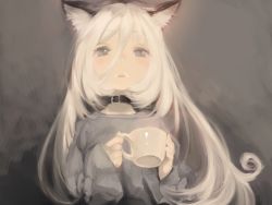 Rule 34 | 1girl, animal ears, blue eyes, collar, cup, female focus, inayan, long hair, milk, milk mustache, mug, parted lips, sleeves past wrists, solo, upper body, white hair