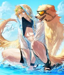 Rule 34 | 1boy, animal, animal ears, arknights, arsh (thestarwish), bare pectorals, between legs, black shirt, black shorts, blonde hair, blue eyes, clothes lift, dog, dog boy, dog ears, dog tail, full body, goggles, goggles on head, golden retriever, grey shorts, hand between legs, highres, hood, hood up, hooded jacket, jacket, lifted by self, looking at viewer, male focus, open clothes, open jacket, pectorals, sandals, see-through, shirt, shirt lift, short hair, short sleeves, shorts, signature, sky, solo, squatting, tail, tequila (arknights), toned, toned male, water, wet, wet clothes, wristband