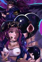 Rule 34 | 1boy, 1girl, akali, anus, ass, bad anatomy, baseball cap, blue eyes, clothed sex, doggystyle, gaping, hat, headset, hetero, highres, invisible man, invisible penis, justin jung, k/da (league of legends), k/da akali, large insertion, large penis, league of legends, multiple views, nipples, no panties, penis, photoshop (medium), purple hair, pussy, sequential, sex, sex from behind, solo focus, torn clothes, uncensored, vaginal