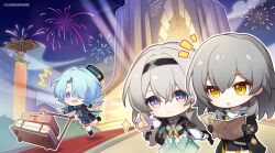 Rule 34 | 1boy, 2girls, aqua skirt, black gloves, black hairband, brown jacket, closed mouth, cropped jacket, firefly (honkai: star rail), fireworks, gloves, grey hair, hairband, holding, holding map, honkai: star rail, honkai (series), hotel, in-universe location, jacket, long hair, long sleeves, map, misha (honkai: star rail), multiple girls, official art, open mouth, pointing, purple eyes, red carpet, shirt, skirt, smile, stelle (honkai: star rail), tower, trailblazer (honkai: star rail), translation request, tripping, white shirt, yellow eyes