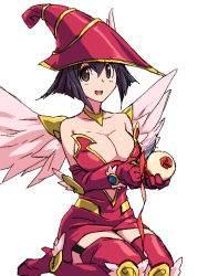 Rule 34 | 1girl, apple, apple magician girl, bare shoulders, black hair, boots, breasts, brown eyes, cleavage, clothing cutout, duel monster, elbow gloves, feathered wings, food, fruit, garter straps, gloves, hair between eyes, hat, high heels, holding, holding food, holding fruit, holding knife, kneeling, knife, large breasts, masunikuru, open mouth, pink wings, red footwear, red gloves, red hat, short hair, simple background, solo, thigh boots, thighhighs, white background, wings, yu-gi-oh!