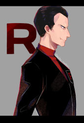 Rule 34 | 1boy, black eyes, black hair, black jacket, closed mouth, commentary request, creatures (company), delta nonbiri, from side, game freak, giovanni (pokemon), grey background, jacket, logo, male focus, nintendo, pokemon, pokemon lgpe, red shirt, shirt, short hair, smile, solo, team rocket, team rocket uniform, upper body