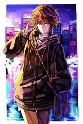 Rule 34 | 1boy, amiguchi shuu, bag, bbing, brown eyes, brown hair, building, city, city lights, cityscape, hand in pocket, headphones, highres, hood, hooded jacket, jacket, juusan kihei bouei ken, looking at viewer, male focus, neon lights, neon palette, night, outdoors, shoulder bag, solo