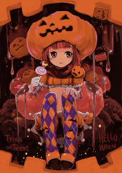 Rule 34 | 1girl, argyle, argyle clothes, argyle legwear, bad id, bad pixiv id, brown eyes, candy, chocolate, food, food as clothes, halloween, in food, jack-o&#039;-lantern, kaito (k4itoh), print thighhighs, pumpkin, pumpkin hat, red hair, scarf, solo, sweets, thighhighs, tongue, trick or treat