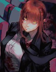 Rule 34 | blood, blood on clothes, blood on face, braid, braided ponytail, chainsaw man, highres, kuwoniagyu11112, looking at viewer, makima (chainsaw man), necktie, red hair, ringed eyes, shirt, solo, white shirt, yellow eyes