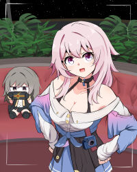 Rule 34 | 2girls, absurdres, bench, black choker, black corset, blue jacket, blue skirt, breasts, buttons, camera, chibi, choker, cleavage, collarbone, commentary request, corset, cowboy shot, dress shirt, hands on own hips, highres, honkai: star rail, honkai (series), jacket, long sleeves, looking at viewer, march 7th (honkai: star rail), marin liekuriva, medium breasts, medium hair, miniskirt, multiple girls, off shoulder, open mouth, pink eyes, pink hair, pleated skirt, shirt, skirt, star (sky), stelle (honkai: star rail), tied jacket, trailblazer (honkai: star rail), two-tone eyes, white shirt