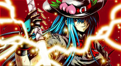 Rule 34 | 1girl, adapted costume, bad id, bad pixiv id, belt, blue hair, bow, electricity, female focus, fingerless gloves, food, fruit, gloves, hair over one eye, hat, hijikawa arashi, hinanawi tenshi, injury, long hair, peach, red eyes, solo, sword, torn clothes, touhou, weapon