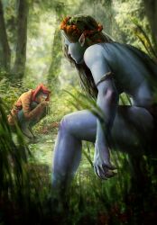 Rule 34 | 1boy, 1girl, blue skin, colored skin, european clothes, forest, grass, green hair, gwent (game), head wreath, highres, long hair, naiad, nature, non-web source, pointy ears, squatting, the witcher (series), tree