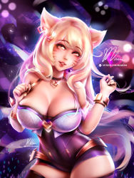 Rule 34 | 1girl, ahri (league of legends), animal ears, ass, bare shoulders, blonde hair, breasts, cleavage, curvy, earrings, fox ears, fox girl, fox tail, hair between eyes, heart, jewelry, k/da (league of legends), k/da ahri, large breasts, league of legends, long hair, looking at viewer, mumeaw, parted lips, short sleeves, signature, simple background, solo, standing, tail, thighhighs, upper body, wide hips, yellow eyes