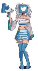 Rule 34 | 1girl, absurdres, arm at side, arrow (symbol), badge, bare shoulders, blue footwear, blue hair, blue skirt, blue theme, boots, button badge, clothes writing, covered face, detached sleeves, facing viewer, full body, gatan666, grey hair, hair over shoulder, hand up, heart stickers, highres, holding, holding megaphone, megaphone, midriff, miniskirt, multicolored hair, navel, original, personification, pleated skirt, print footwear, print skirt, see-through, see-through sleeves, simple background, skirt, smiley face, solo, standing, straight-on, strapless, streaked hair, thigh boots, tube top, twintails, twitter, twitter logo, white background, white hair, wide sleeves