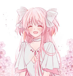 Rule 34 | 1girl, absurdly long hair, arms at sides, blunt bangs, breasts, cherry blossoms, choker, cleavage cutout, closed eyes, clothing cutout, dithering, eyelashes, facing viewer, flower, hair ribbon, happy, highres, kaname madoka, laughing, layered sleeves, light blush, long hair, longlong (wv3 3vw), mahou shoujo madoka magica, mahou shoujo madoka magica (anime), open mouth, pink flower, pink hair, pink theme, ribbon, simple background, small breasts, solo, sparkle, straight hair, two side up, ultimate madoka, upper body, very long hair, white background, white choker, white ribbon, wide sleeves