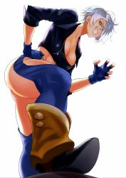Rule 34 | absurdres, ahoge, anagumasan, angel (kof), ass, ass cutout, blue eyes, boots, bra, breasts, chaps, clothing cutout, cowboy boots, cropped jacket, crotch cutout, fingerless gloves, gloves, hair over one eye, hand on own hip, highres, jacket, large breasts, leather, leather jacket, mexico, revealing clothes, simple background, smirk, snk, solo, strapless, strapless bra, teeth, the king of fighters, the king of fighters 2001, the king of fighters xiv, underwear, white background, white hair