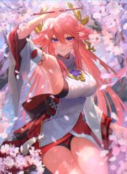 Rule 34 | 1girl, animal ears, arm up, armpits, bare shoulders, branch, breasts, cherry blossoms, commentary, cowboy shot, day, earrings, falling petals, floppy ears, floral print, flower knot, fox ears, genshin impact, gohei, grin, hair between eyes, hair ornament, hakama, hakama skirt, highres, holding, holding gohei, japanese clothes, jewelry, juukyuuhyaku (tsukuwo243), large breasts, long hair, long sleeves, nontraditional miko, outdoors, parted lips, petals, pink hair, purple eyes, red skirt, ribbon trim, shirt, sideboob, sidelocks, sitting, skirt, sleeveless, sleeveless shirt, smile, solo, tassel, taut clothes, taut shirt, teeth, thighs, tree, turtleneck, very long hair, white shirt, white sleeves, wide sleeves, yae miko