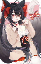Rule 34 | 1girl, 95kazumi, :d, ahoge, animal ears, black choker, black hair, bow, breasts, brown jacket, choker, cleavage, collarbone, commission, cowboy shot, fox ears, fox girl, fox tail, hair bow, heart, highres, jacket, large breasts, large tail, long hair, long sleeves, looking at viewer, miniskirt, open clothes, open jacket, open mouth, original, pleated skirt, red eyes, red skirt, shirt, skeb commission, skirt, smile, solo, tail, thighhighs, twintails, very long hair, white shirt, white thighhighs, zettai ryouiki
