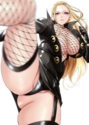 Rule 34 | 1girl, alternate breast size, ass, black dress, black gloves, black panties, blonde hair, breasts, closed mouth, collared dress, curvy, dress, fishnet thighhighs, fishnets, garter straps, glasses, gloves, gluteal fold, groin, half-closed eyes, high collar, huge breasts, incoming attack, incoming kick, kalifa (one piece), leg up, long hair, long sleeves, looking at viewer, microdress, moriton, motion blur, one piece, panties, plunging neckline, rimless eyewear, shiny clothes, simple background, smile, solo, spread legs, thighhighs, thighs, tinted eyewear, underwear, very long hair, white background