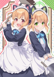 Rule 34 | 2girls, :d, animal ear headphones, animal ears, apron, blonde hair, blue archive, broom, cat ear headphones, commentary request, fake animal ears, green eyes, green halon, halo, headphones, highres, holding, holding broom, itaba atsushi, long sleeves, looking at viewer, maid, maid apron, maid headdress, midori (blue archive), midori (maid) (blue archive), momoi (blue archive), momoi (maid) (blue archive), multiple girls, official alternate costume, open mouth, pink eyes, pink halo, short hair, siblings, sisters, smile, twins, white apron