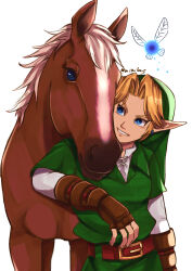 1boy belt belt_buckle blonde_hair blue_eyes buckle collared_shirt earrings epona fairy fingerless_gloves gauntlets gloves grin hat horse jewelry link looking_at_another mi9clous navi nintendo pointy_ears shirt smile the_legend_of_zelda the_legend_of_zelda:_ocarina_of_time tunic upper_body white_background