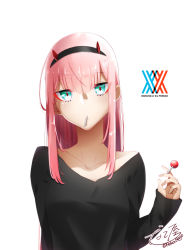 Rule 34 | 1girl, aqua eyes, black hairband, black shirt, candy, collarbone, copyright name, darling in the franxx, food, hairband, highres, holding, lollipop, long hair, long sleeves, looking at viewer, makeup, mascara, nakoya (nane cat), pink hair, shirt, signature, simple background, sleeves past wrists, solo, straight hair, twitter username, upper body, very long hair, white background, zero two (darling in the franxx)