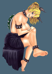 Rule 34 | 1girl, armlet, bad id, bad pixiv id, barefoot, black dress, blonde hair, blue background, blue eyes, bowsette, bracelet, breasts, cleavage, clothes pull, collar, crossed legs, dress, dress pull, earrings, fang, feet, hadashiraisu, highres, horns, invisible chair, jewelry, large breasts, long hair, looking at viewer, mario (series), nail polish, new super mario bros. u deluxe, nintendo, pointy ears, ponytail, sharp teeth, simple background, sitting, smile, soles, solo, spiked armlet, spiked bracelet, spiked collar, spiked shell, spikes, super crown, teeth, turtle shell