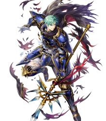 Rule 34 | 1boy, armor, armored boots, asatani tomoyo, blue armor, blue eyes, boots, broken armor, cape, elbow pads, ephraim (fire emblem), fire emblem, fire emblem: the sacred stones, fire emblem heroes, full body, gauntlets, green hair, highres, holding, holding weapon, looking away, male focus, nintendo, non-web source, official art, pants, parted lips, polearm, short hair, shoulder armor, shoulder pads, smile, solo, spear, torn clothes, transparent background, weapon