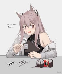 Rule 34 | 1girl, :d, @ @, absurdres, animal ears, bags under eyes, blood, coffee, credit card, drinking straw, english text, gar32, girls&#039; frontline, girls&#039; frontline neural cloud, grey background, hair between eyes, highres, holding straw, id card, lab coat, long hair, nescafe, nosebleed, off shoulder, open mouth, persicaria (neural cloud), pink eyes, pink hair, signature, simple background, single bare shoulder, smile, snorting, solo, sweater vest, upper body