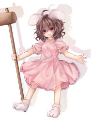 Rule 34 | 1girl, animal ears, bad id, bad pixiv id, black hair, brown hair, dress, drop shadow, hammer, inaba tewi, kine, looking at viewer, mallet, open mouth, rabbit ears, red eyes, shadow, short hair, short sleeves, simple background, smile, solo, touhou, white background, yudaoshan