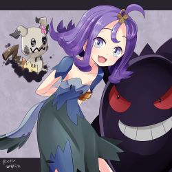 Rule 34 | 1girl, :d, acerola (pokemon), ahoge, alternate color, armlet, arms behind back, blue eyes, breasts, collarbone, commentary request, creatures (company), dated, dress, flipped hair, flower, game freak, gen 1 pokemon, gen 7 pokemon, gengar, hair ornament, hebitsukai-san, highres, leaning forward, looking at viewer, mimikyu, nintendo, open mouth, pink flower, pokemon, pokemon (creature), pokemon sm, purple hair, shiny pokemon, short sleeves, small breasts, smile, topknot, twitter username
