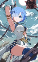 Rule 34 | 1girl, alternate costume, armpits, ball and chain (weapon), blue eyes, blue hair, bodysuit, breasts, day, gauntlets, hair ornament, highres, holding, holding weapon, looking at viewer, medium breasts, official art, outdoors, re:zero kara hajimeru isekai seikatsu, re:zero kara hajimeru isekai seikatsu: lost in memories, rem (re:zero), short hair, solo, spike ball, spiked ball and chain, standing, standing on one leg, tassel, third-party source, weapon, white bodysuit, x hair ornament