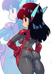 Rule 34 | 1girl, ass, asta rindo (rariatto), black hair, bodysuit, cowboy shot, from behind, grey bodysuit, hand on own hip, long hair, looking at viewer, looking back, original, rariatto (ganguri), robot ears, sideways glance, smile, solo, standing, zoom layer
