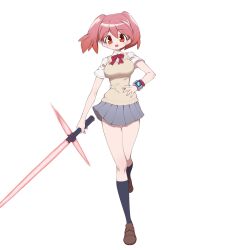 Rule 34 | 1girl, bow, bowtie, cardigan, energy sword, full body, highres, hinata natsumi, kemono friends, kemono friends 3, keroro gunsou, lightsaber, long hair, looking at viewer, notora, parody, pink hair, red eyes, shirt, shoes, simple background, skirt, socks, solo, star wars, sword, twintails, weapon, wristband