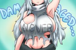 Rule 34 | 1girl, aged up, alternate breast size, armpits, breasts, covered erect nipples, el aberracion, g11 (girls&#039; frontline), girls&#039; frontline, grey hair, groin, head out of frame, highres, huge breasts, long hair, navel, official alternate costume, shirt, skindentation, solo, torn clothes, torn shirt, upper body, very long hair