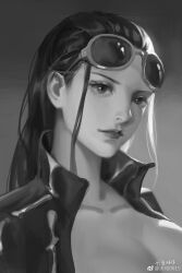 Rule 34 | 1boy, absurdres, artist name, black eyes, black hair, chinese text, closed mouth, eyewear on head, greyscale, highres, lips, lipstick, long hair, looking at viewer, makeup, male focus, monochrome, nico robin, one piece, quan ju, solo, sunglasses, third-party source, unworn eyewear, weibo logo, weibo watermark
